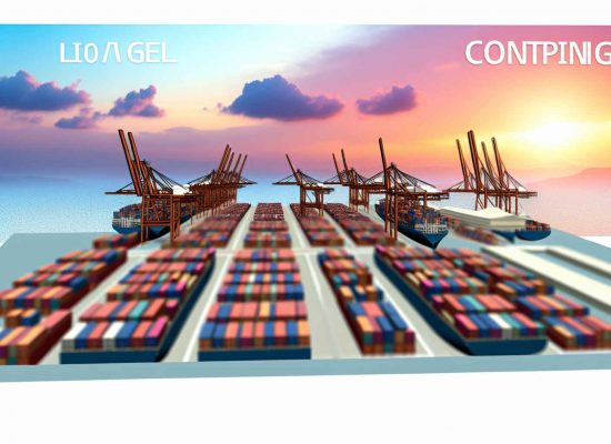 Vista aérea de um porto movimentado com vários contêineres parciais (LCL) sendo carregados em navios de carga, guindastes ao fundo, cenário ao pôr do sol, estilo realista