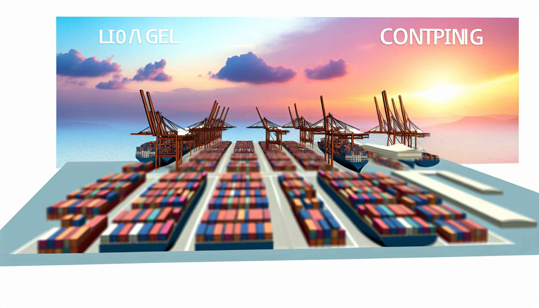 Vista aérea de um porto movimentado com vários contêineres parciais (LCL) sendo carregados em navios de carga, guindastes ao fundo, cenário ao pôr do sol, estilo realista