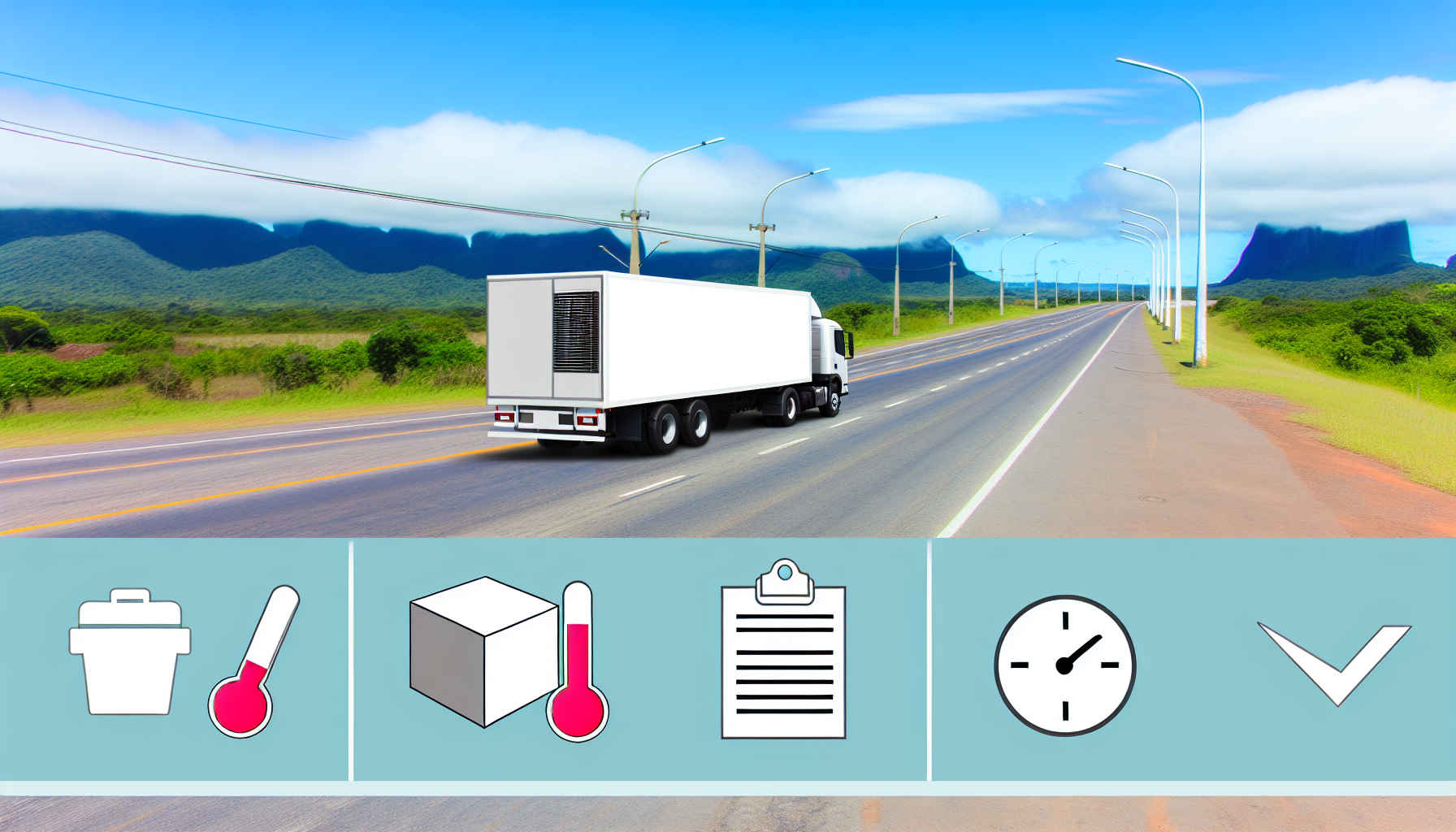 Ilustração horizontal 16:9 de um caminhão frigorífico circulando em uma rodovia brasileira, com ícones de termômetro, checklist e caixas refrigeradas, estilo profissional e limpo