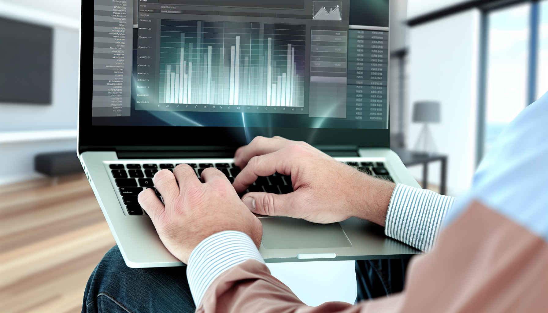 Empresário de microempresa brasileira usando software de contabilidade em laptop, gráficos financeiros visíveis na tela, ambiente moderno de escritório, estilo realista, horizontal 16:9