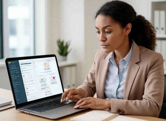 Profissional administrativo utilizando software de automação de e-mails em um home office organizado