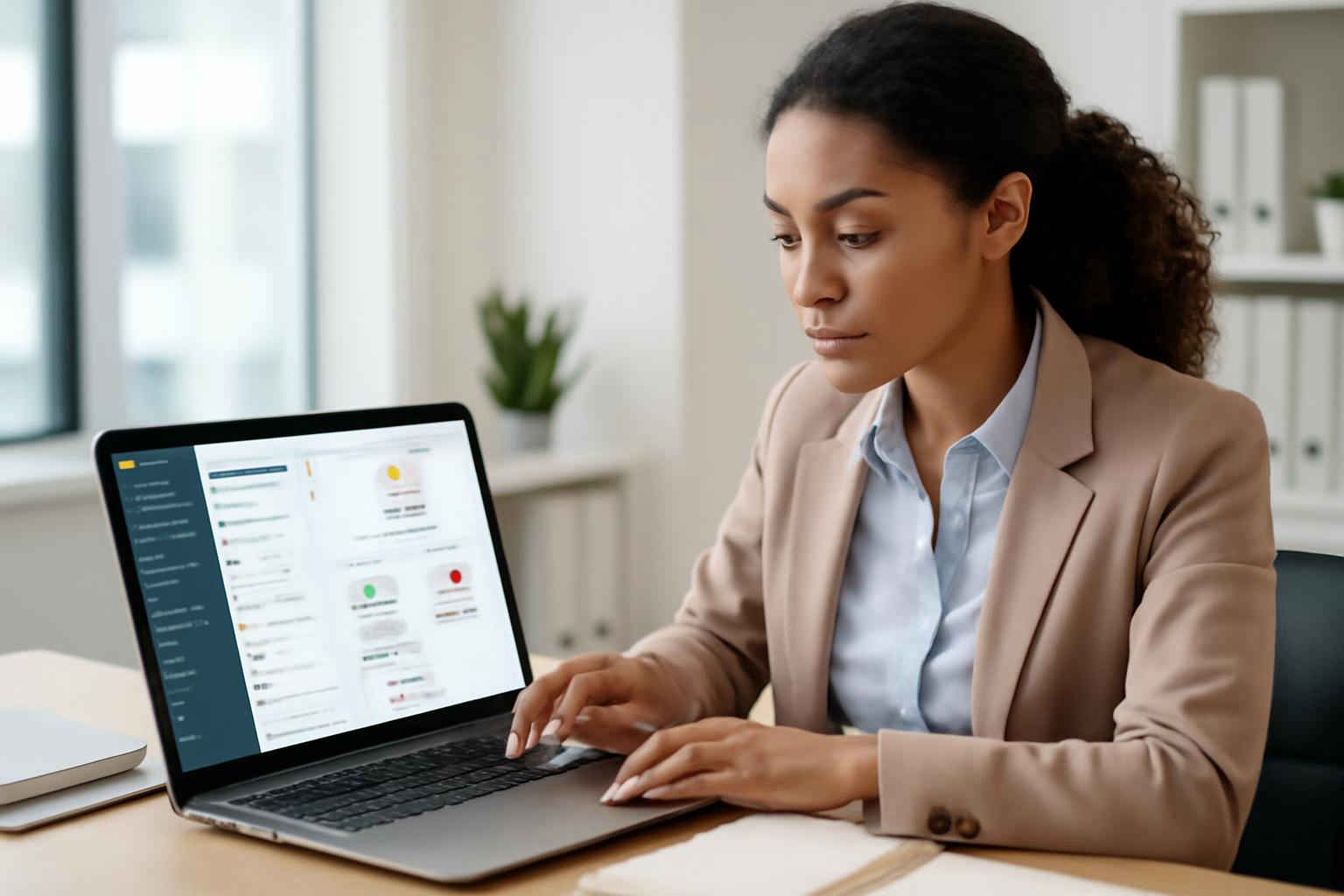 Profissional administrativo utilizando software de automação de e-mails em um home office organizado