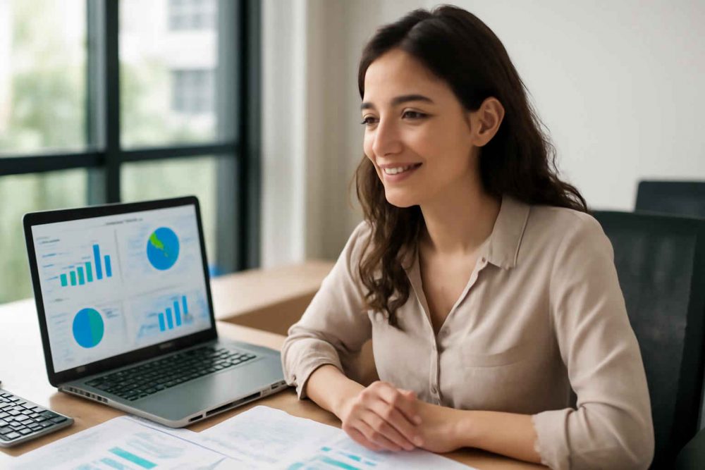 Profissional elaborando orçamento empresarial anual em escritório com laptop e gráficos