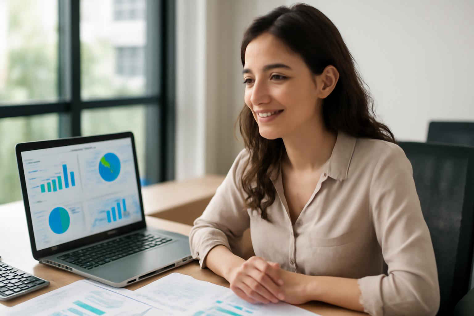 Profissional elaborando orçamento empresarial anual em escritório com laptop e gráficos