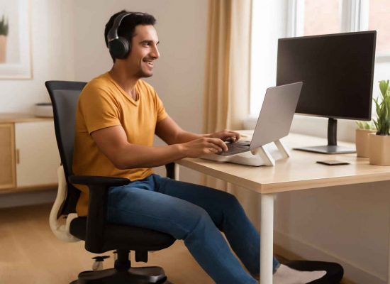 Kit home office ergonômico com notebook em suporte, cadeira ajustável, fones de ouvido e acessórios