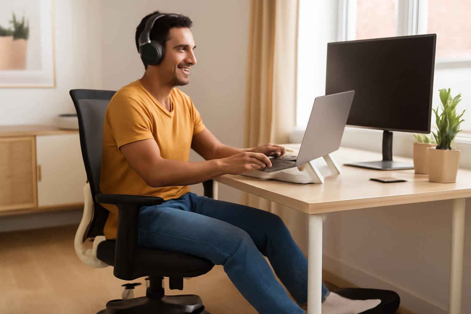 Kit home office ergonômico com notebook em suporte, cadeira ajustável, fones de ouvido e acessórios