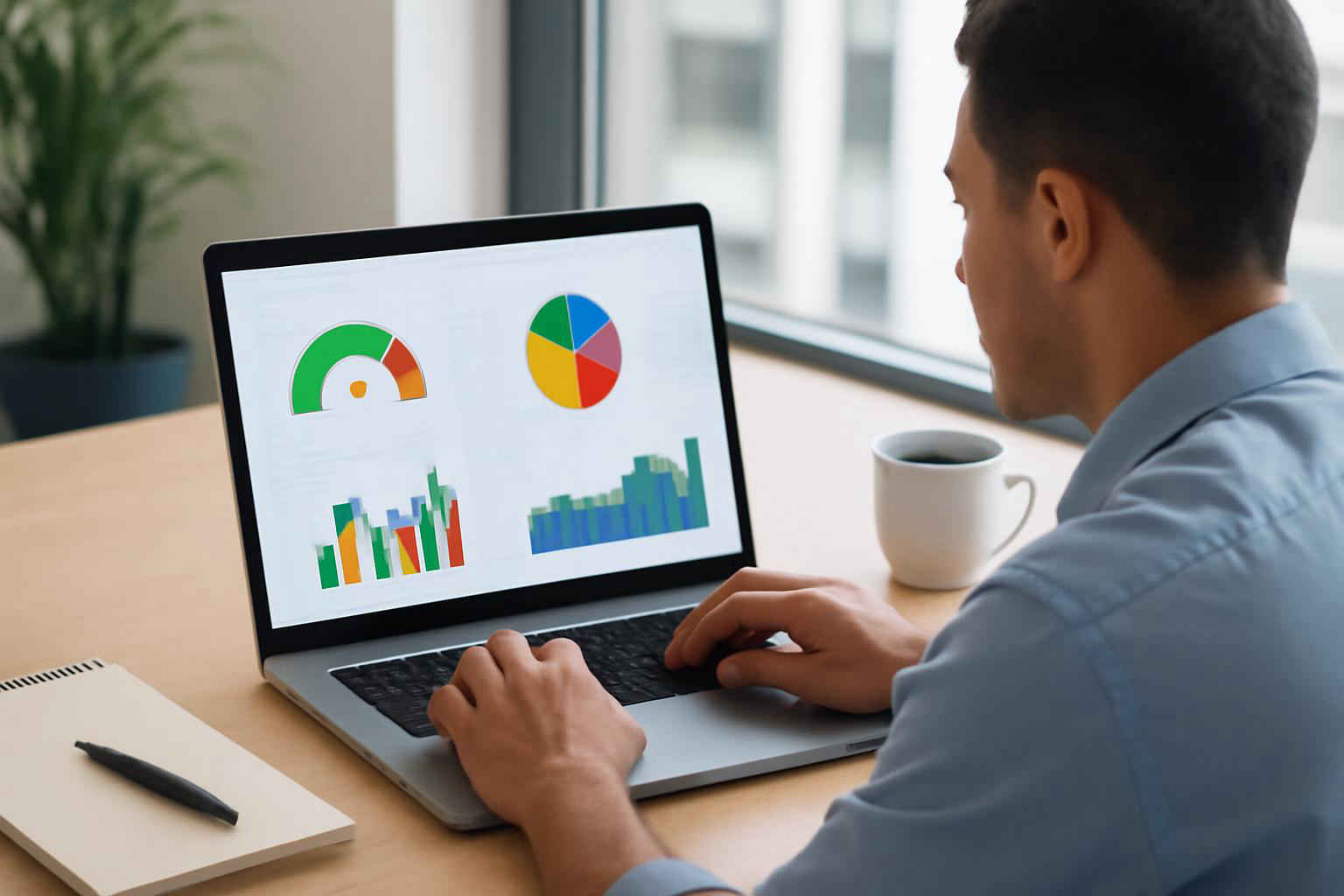 Pessoa em escritório usando laptop com dashboard de indicadores administrativos no Excel