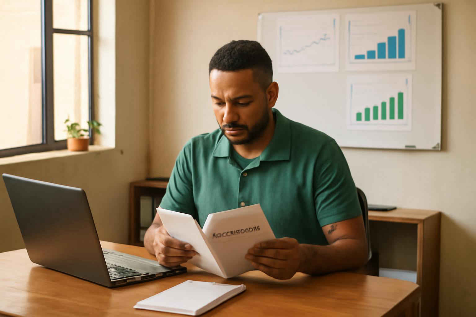 Empresário analisando documentos de implantação da ISO 9001 em microempresa