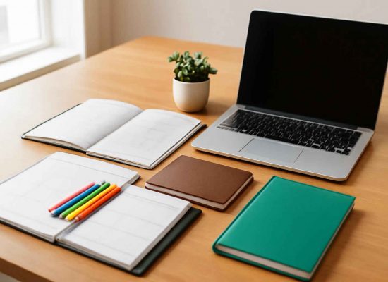 Mesa de home office organizada com planners, cadernos e laptop