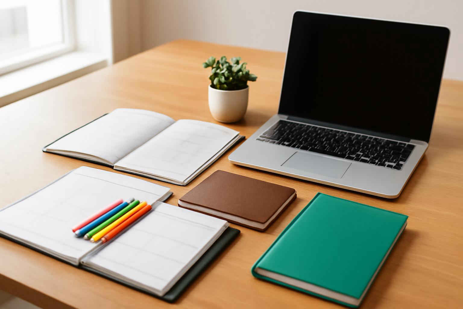 Mesa de home office organizada com planners, cadernos e laptop
