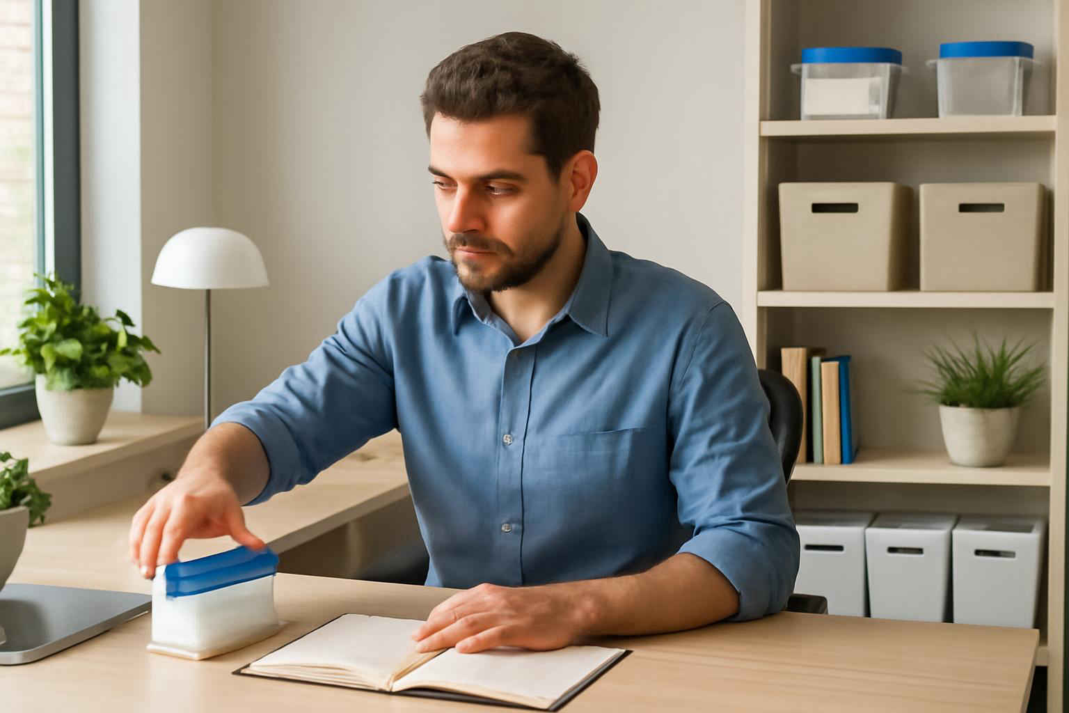 Profissional organizando home office usando a metodologia 5S com espaço limpo e organizado