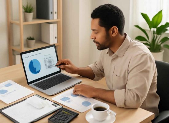 Profissional administrativo analisando métricas de risco de crédito em microempresa