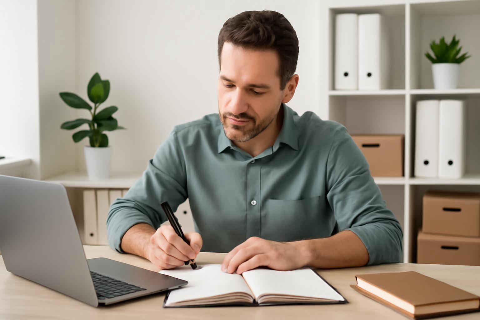 Empreendedor brasileiro elaborando manual de procedimentos operacionais padrão em um escritório de microempresa