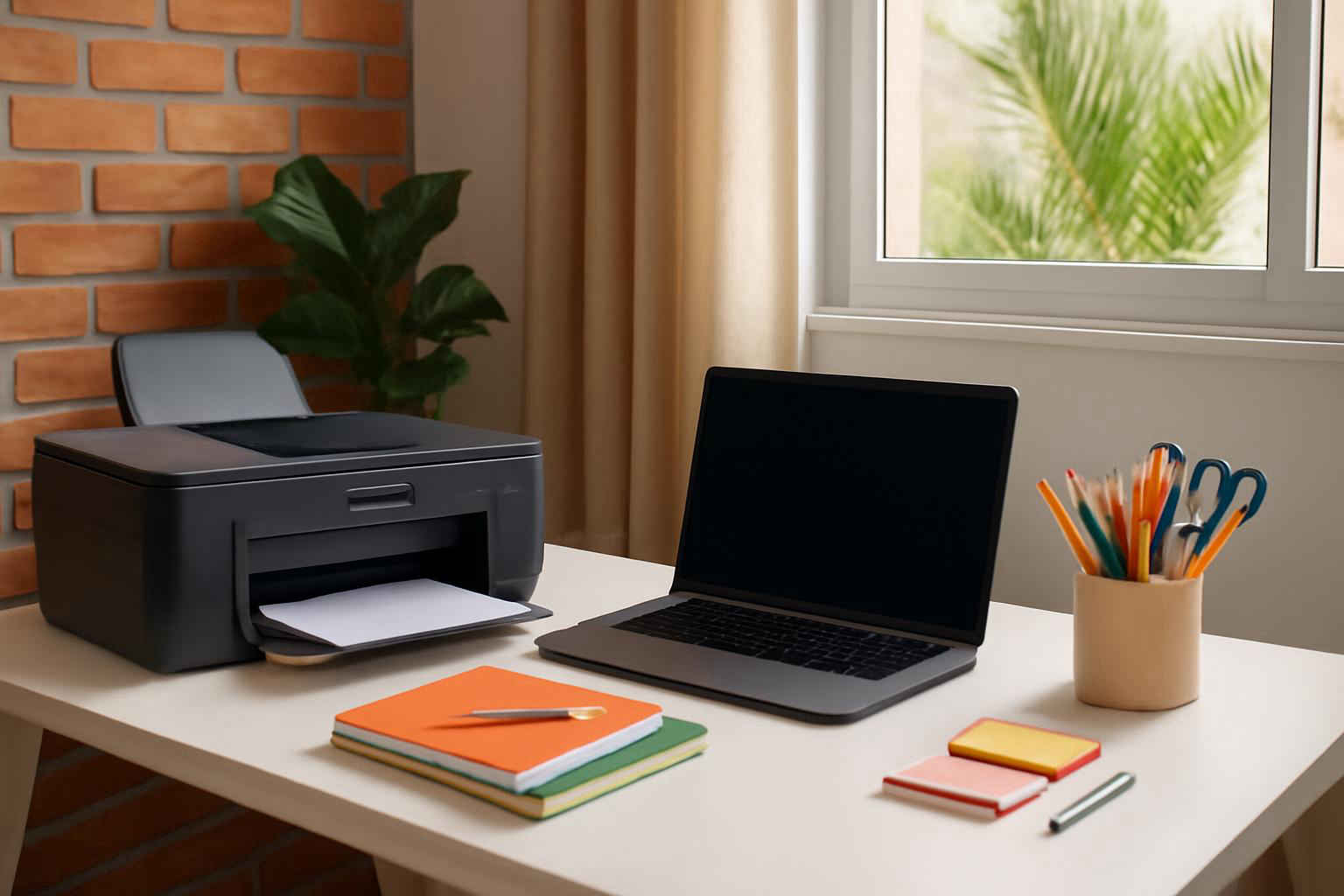 Mesa de escritório com impressora multifuncional, laptop e materiais de escritório organizados