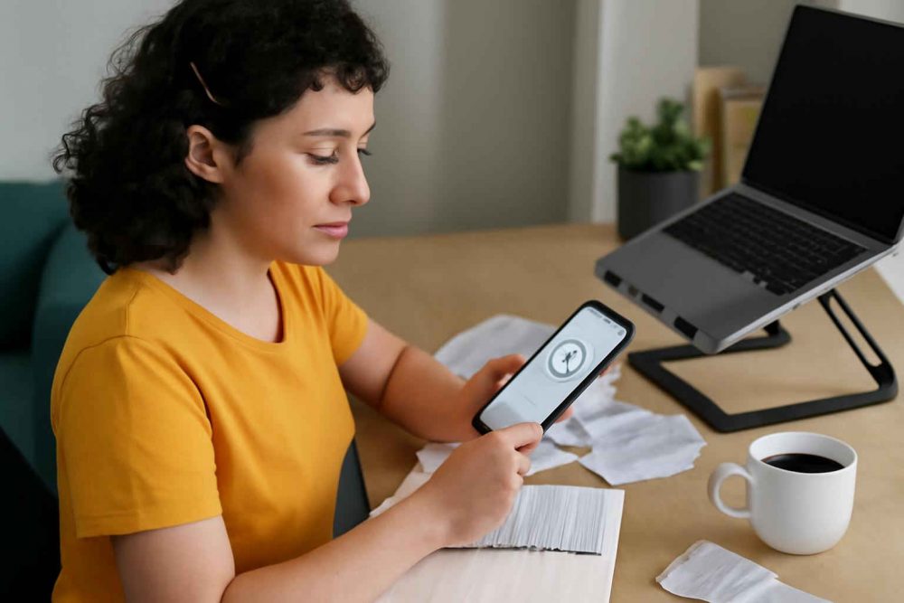 microempreendedor usando aplicativo de controle de despesas no celular em home office