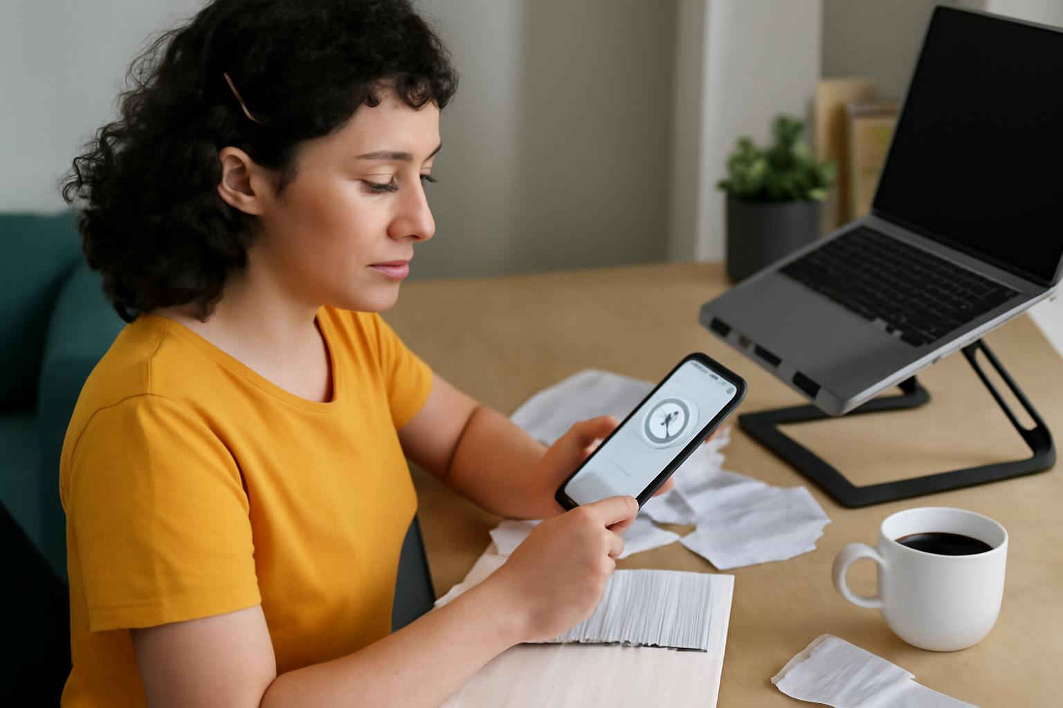 microempreendedor usando aplicativo de controle de despesas no celular em home office