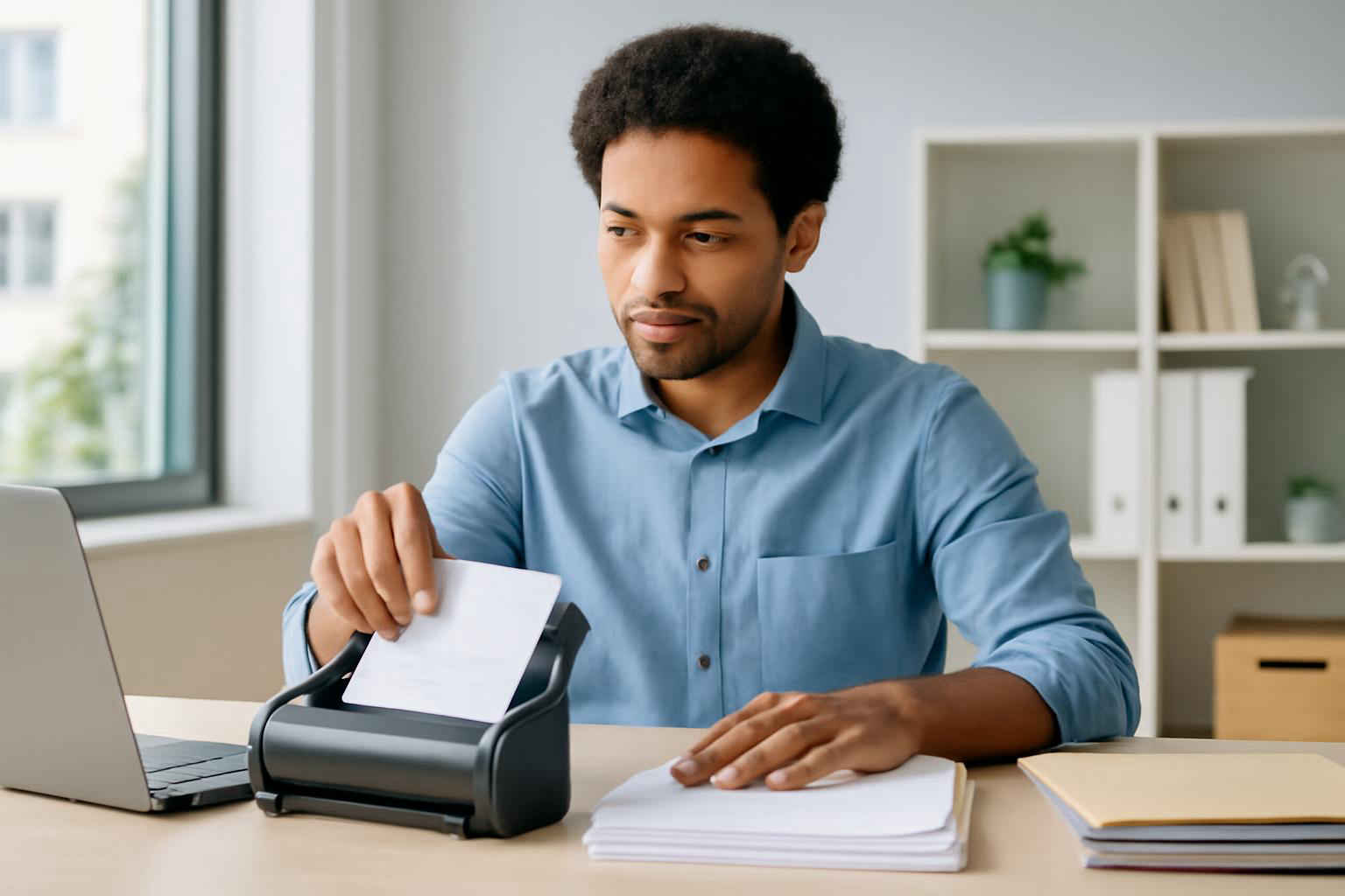 microempreendedor usando scanner de documentos em escritório organizado