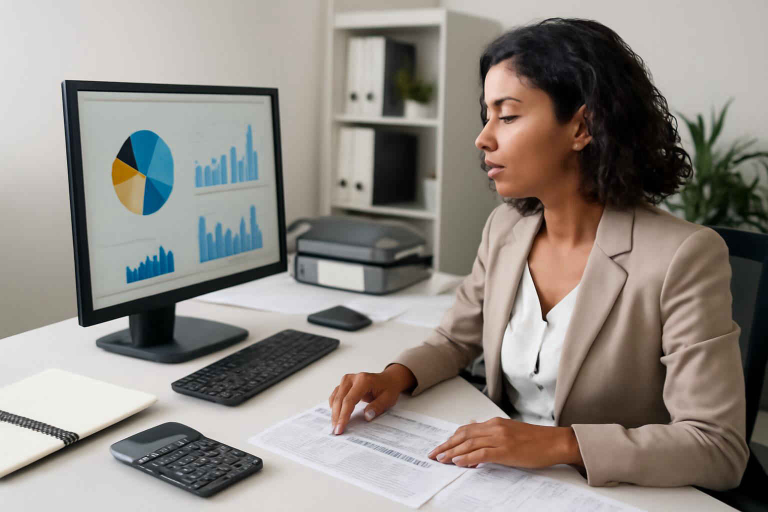 Mulher brasileira analisando planilhas de centro de custos em escritório organizado