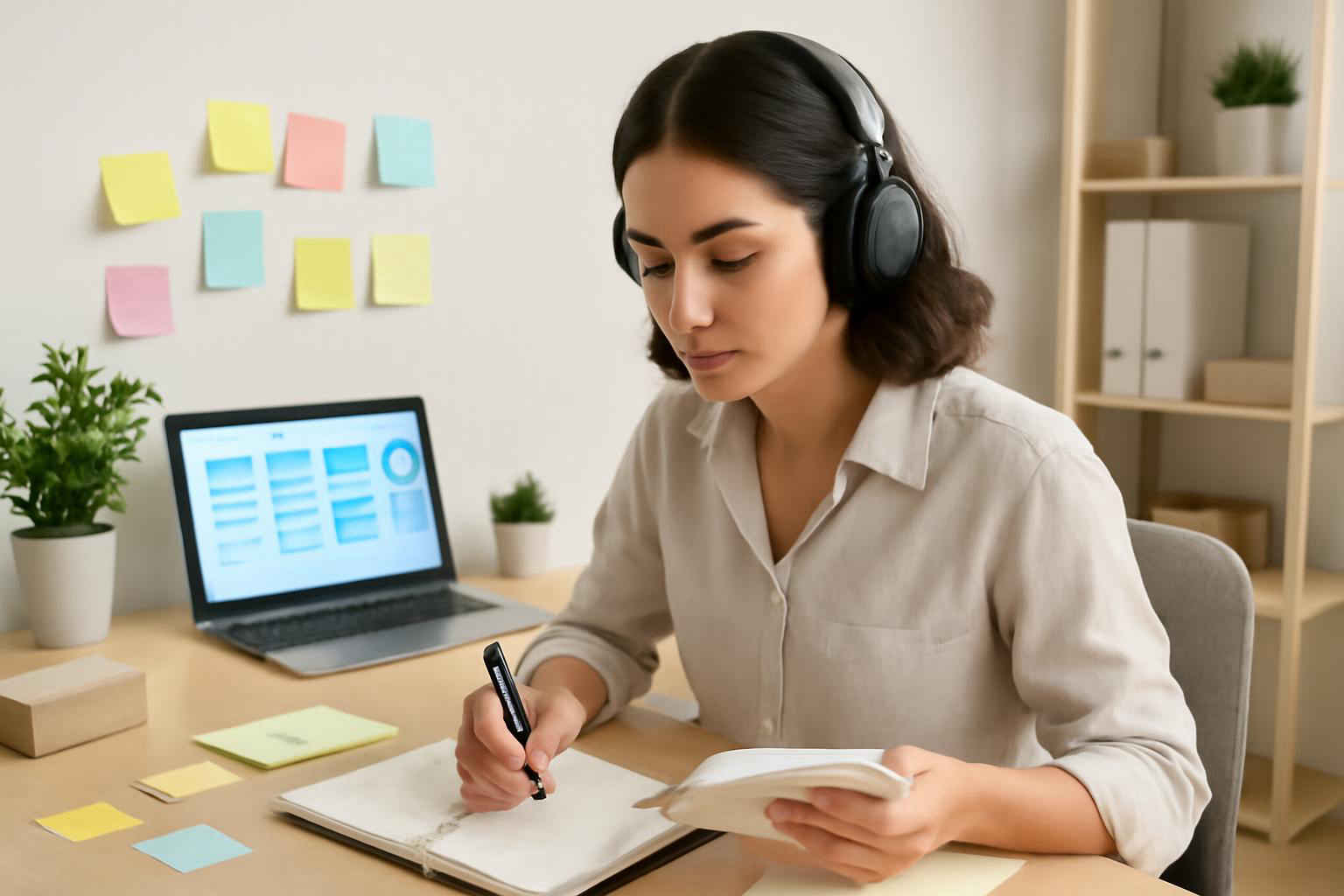 Profissional administrativo brasileiro aplicando a metodologia GTD em home office organizado