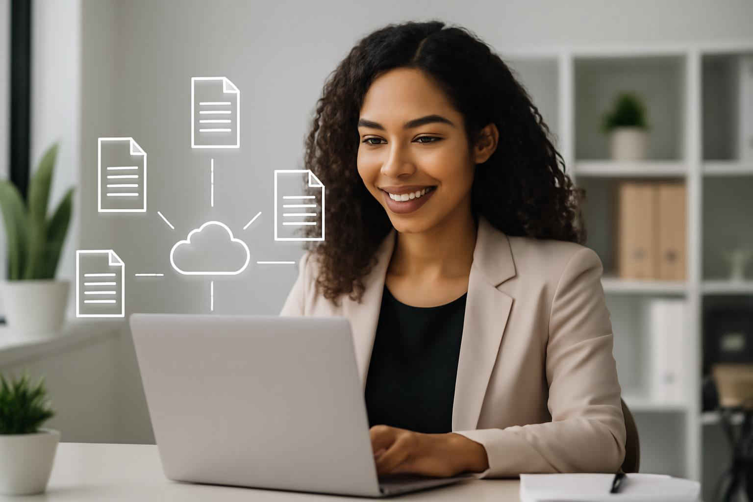 Profissional brasileira em microempresa usando sistema de gestão de documentos na nuvem