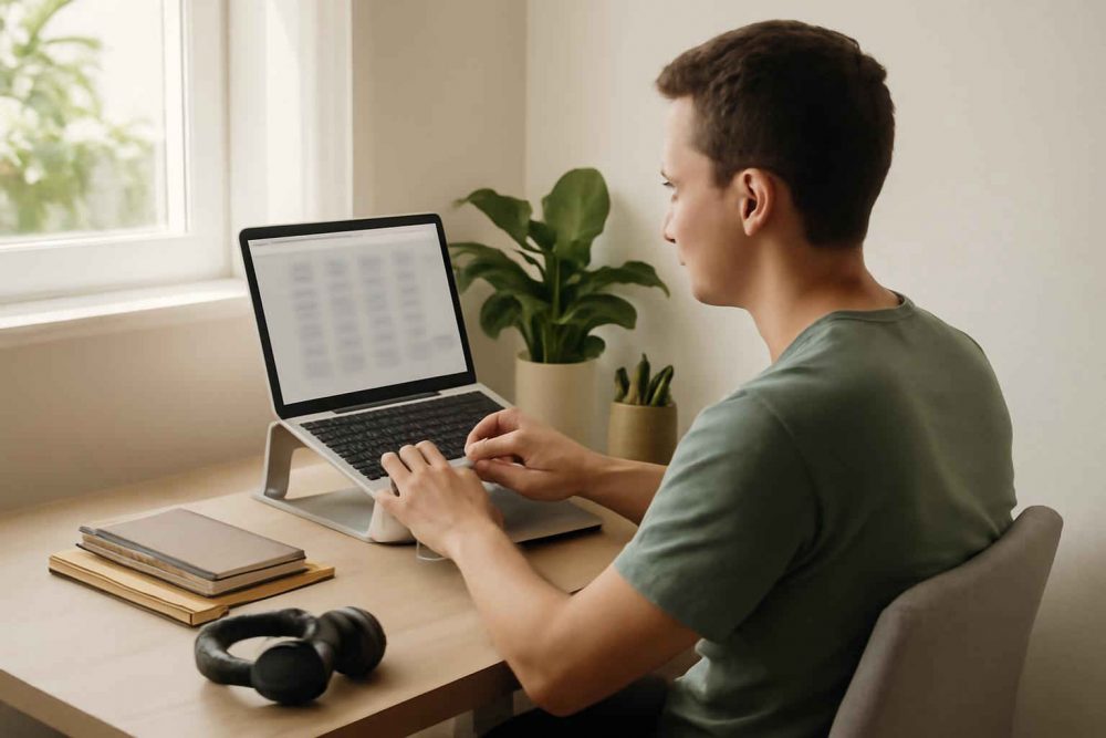 Pessoa em home office usando Notion em laptop para organizar processos administrativos