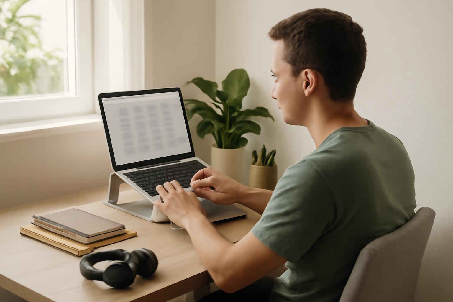 Pessoa em home office usando Notion em laptop para organizar processos administrativos