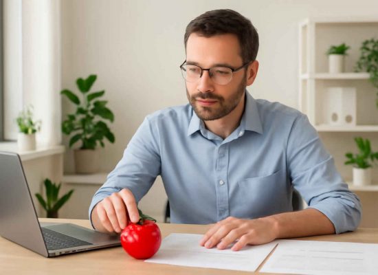 Profissional usando técnica Pomodoro em escritório administrativo de microempresa
