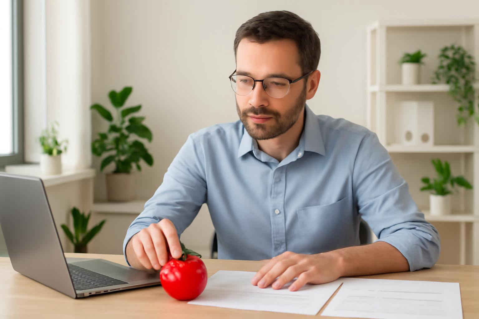 Profissional usando técnica Pomodoro em escritório administrativo de microempresa