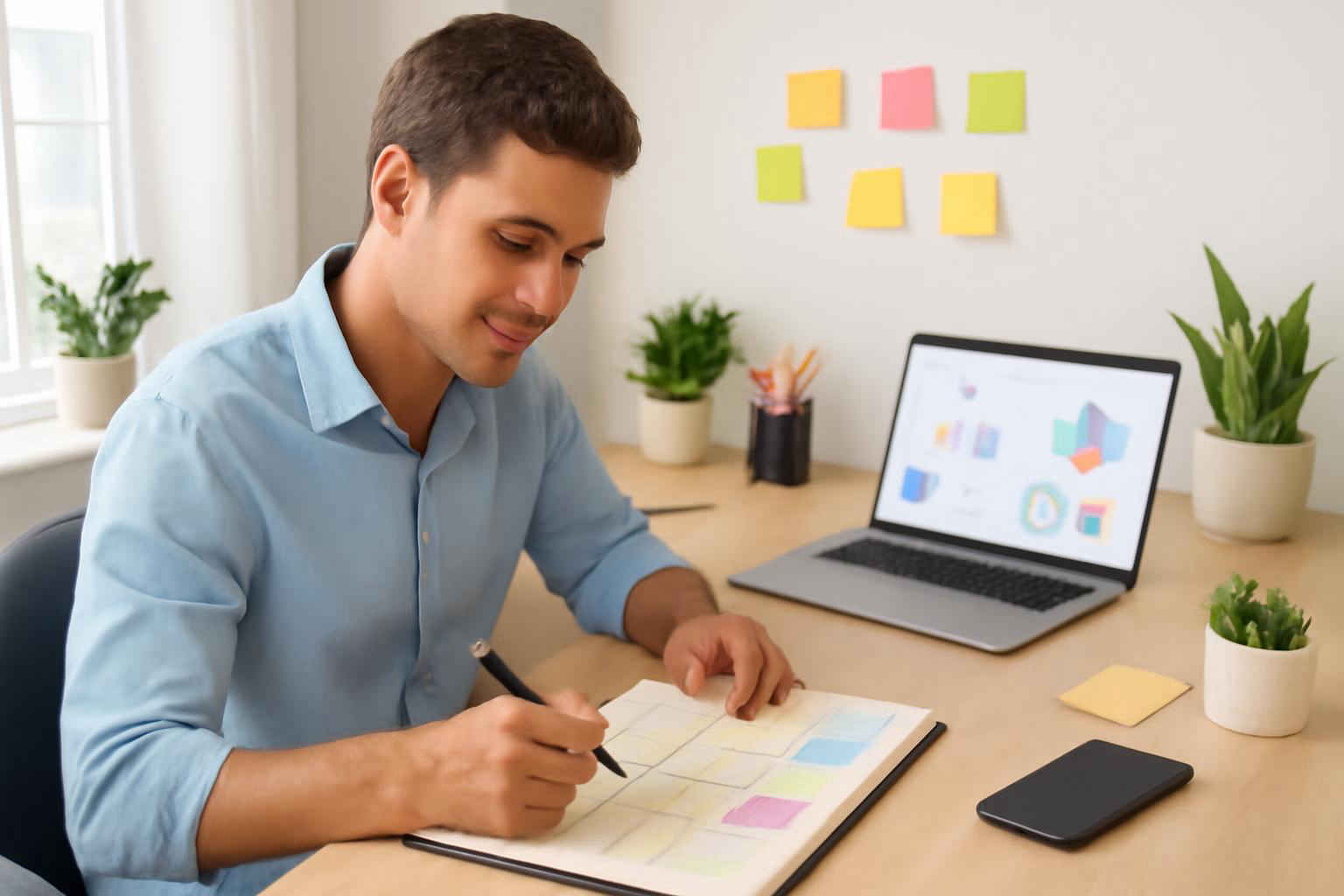 Profissional administrativo utilizando um planner 5W2H em escritório moderno