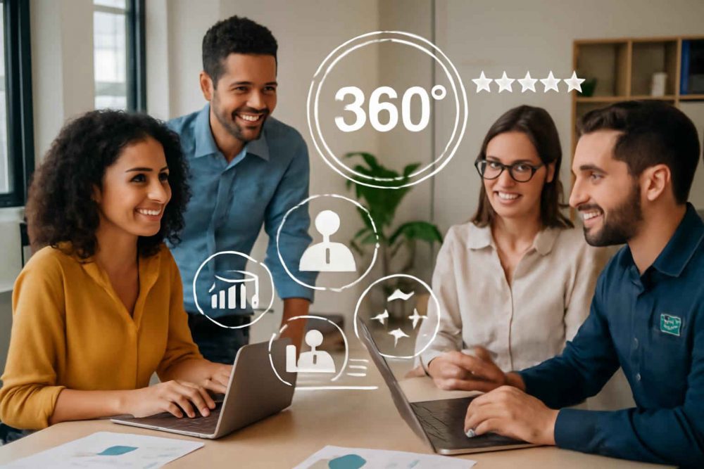 Profissionais administrativos brasileiros participando de sessão de avaliação 360° em escritório moderno