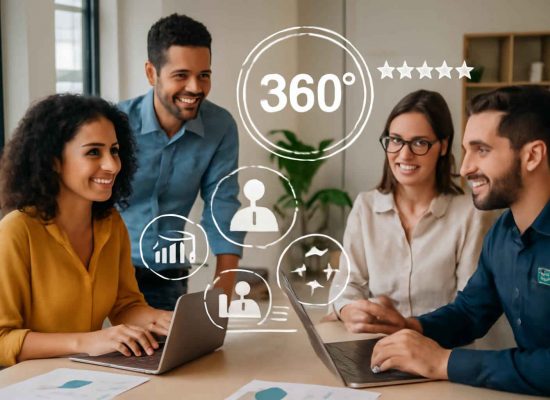 Profissionais administrativos brasileiros participando de sessão de avaliação 360° em escritório moderno