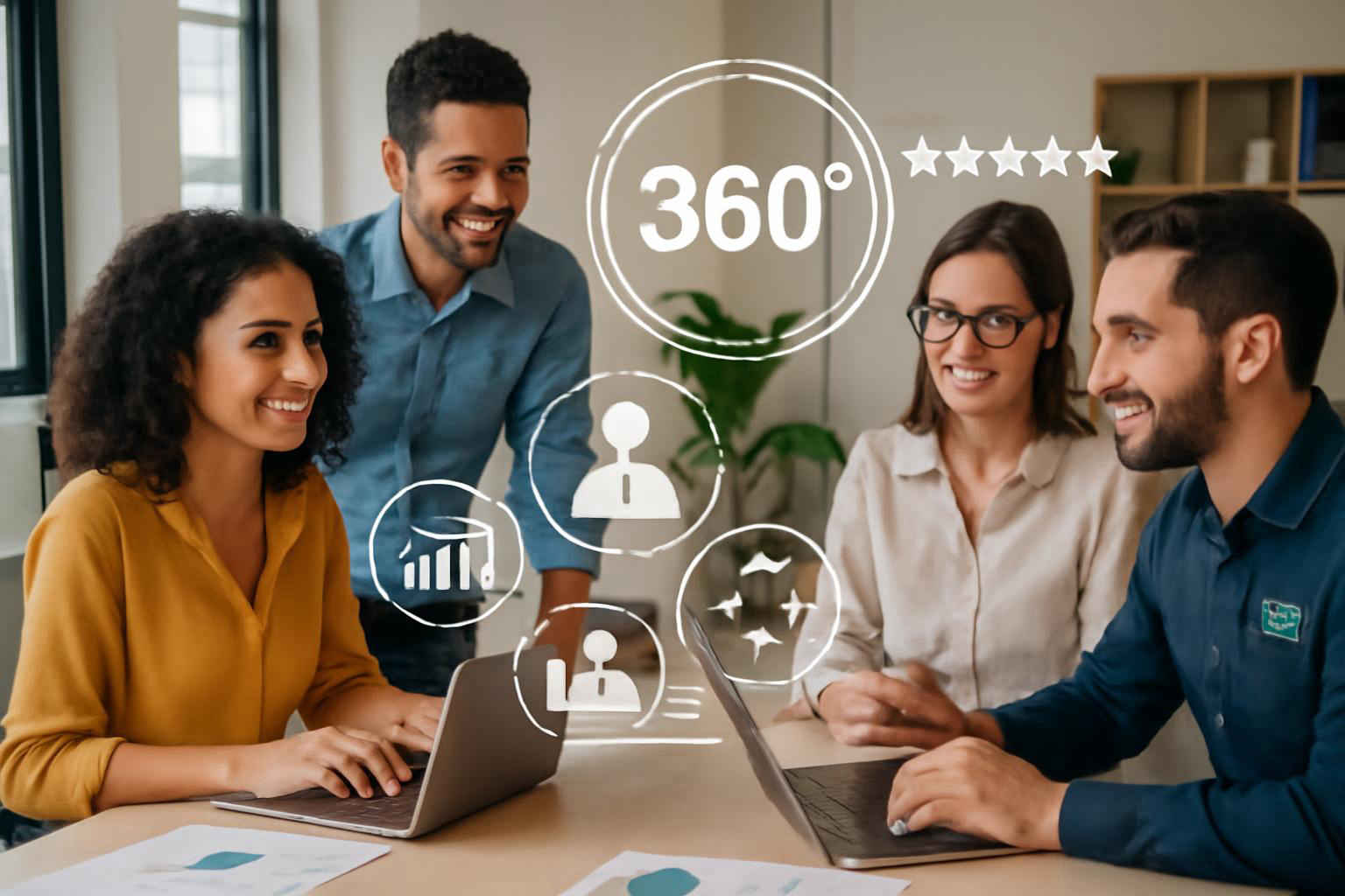 Profissionais administrativos brasileiros participando de sessão de avaliação 360° em escritório moderno