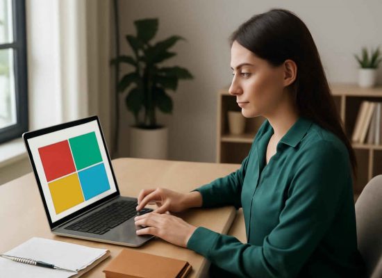 Profissional administrativo usando a Matriz de Eisenhower em um laptop em home office organizado