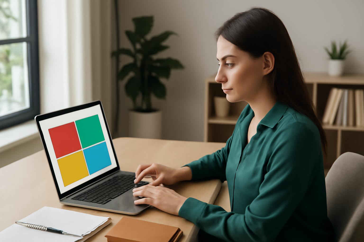 Profissional administrativo usando a Matriz de Eisenhower em um laptop em home office organizado