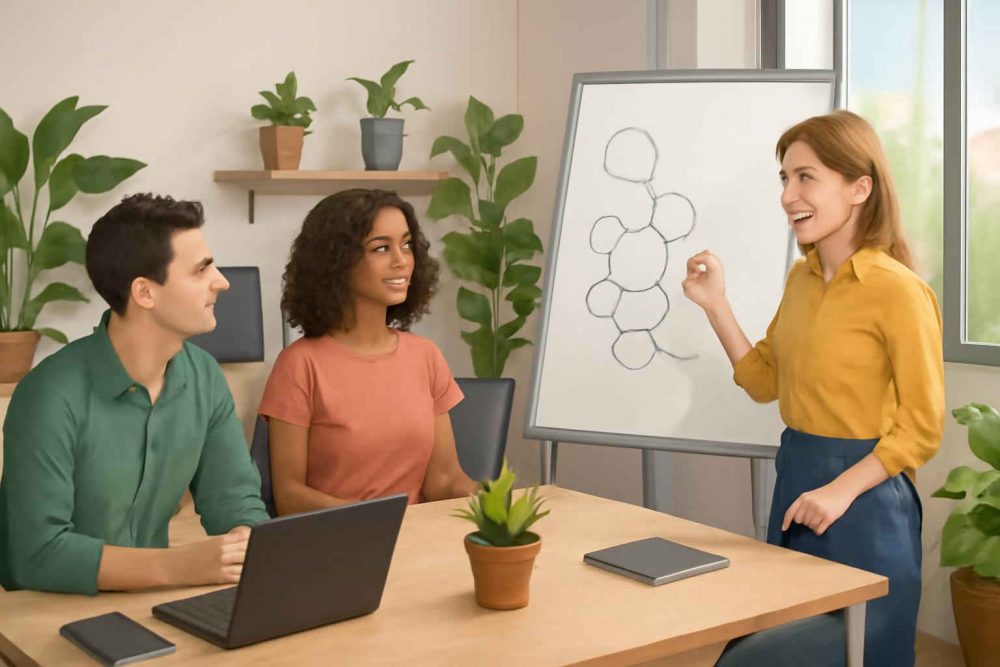 Assistente administrativo elaborando plano de desenvolvimento de carreira em microempresa