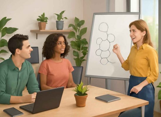 Assistente administrativo elaborando plano de desenvolvimento de carreira em microempresa