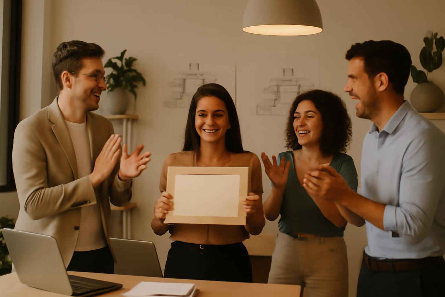 Profissionais celebrando reconhecimento no ambiente de escritório moderno