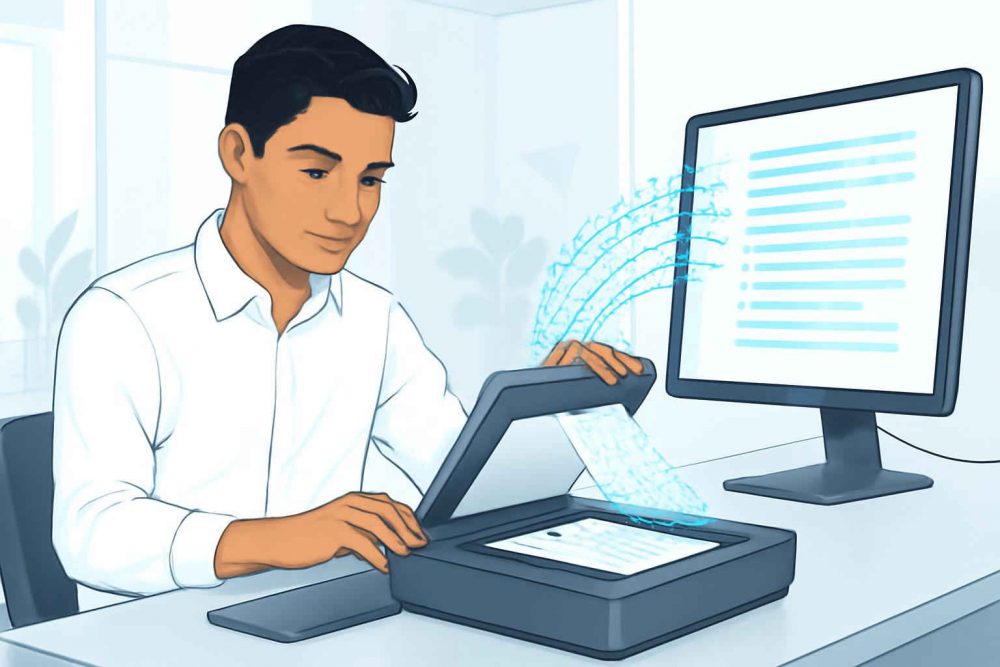 Profissional administrativo escaneando documentos com OCR