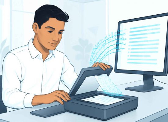 Profissional administrativo escaneando documentos com OCR
