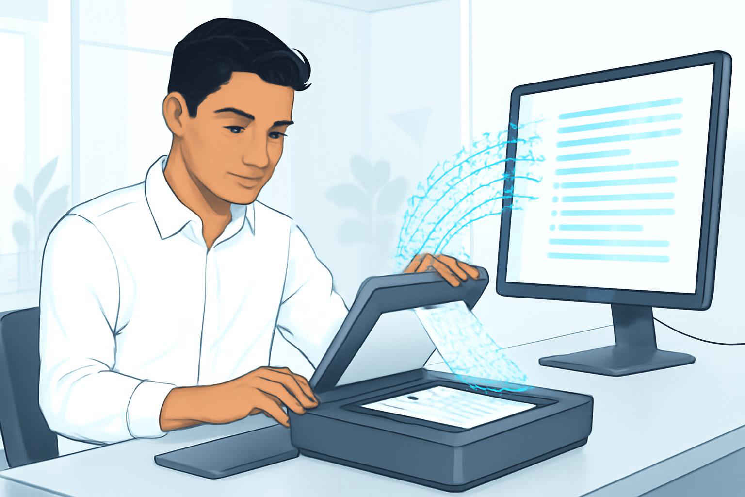 Profissional administrativo escaneando documentos com OCR
