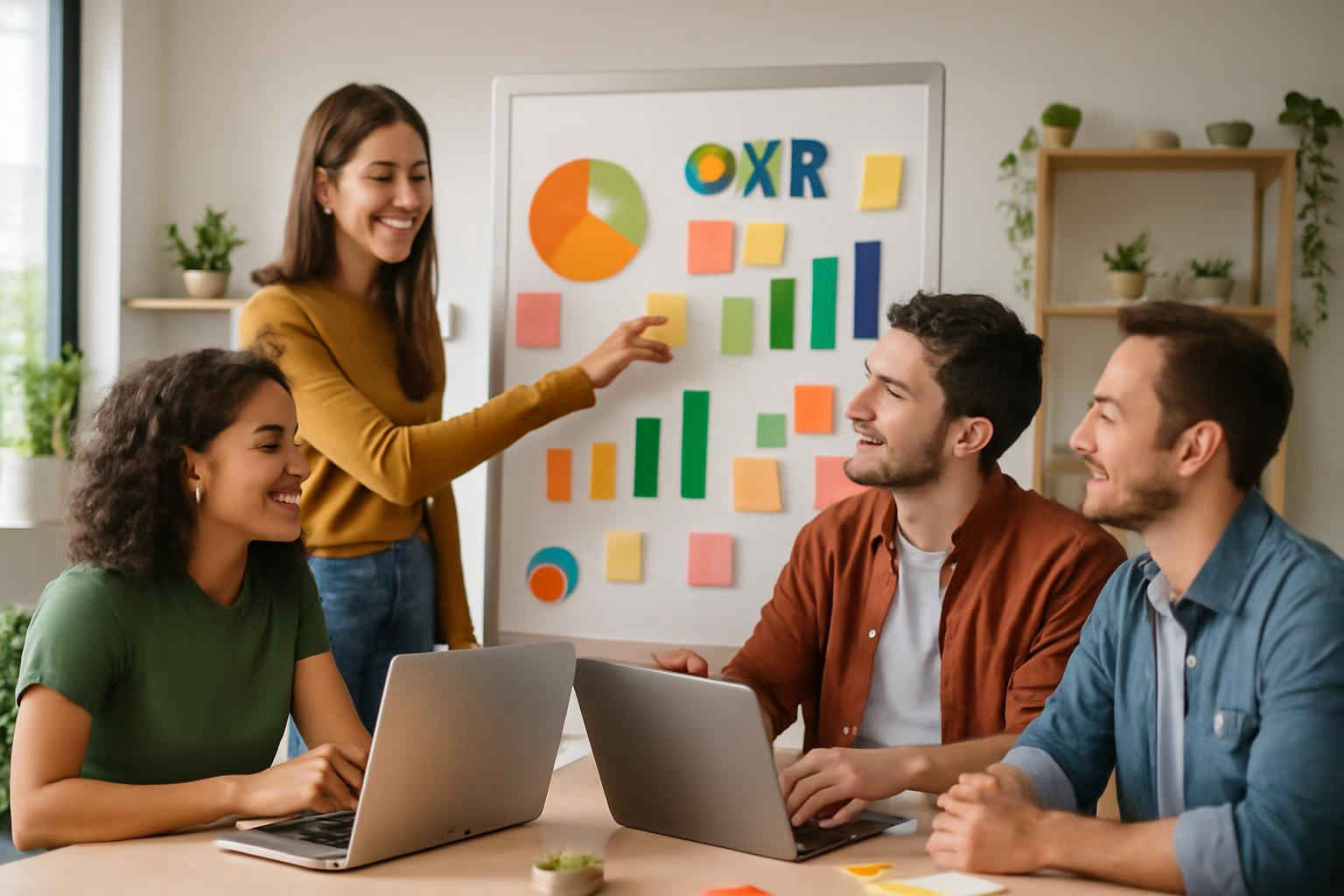 Equipe de microempresa em escritório colaborativo discutindo OKRs em quadro branco
