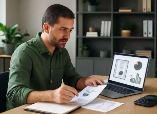 Microempresário analisando documentos financeiros e certificados de CDB em escritório moderno