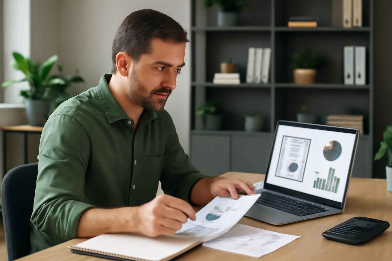 Microempresário analisando documentos financeiros e certificados de CDB em escritório moderno