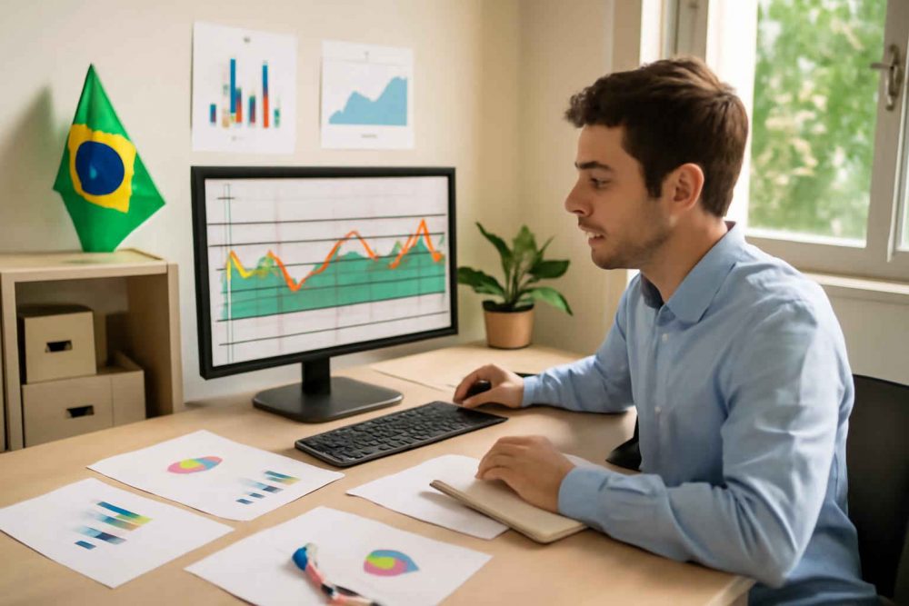 Administrador analisando gráfico de controle estatístico em escritório de microempresa