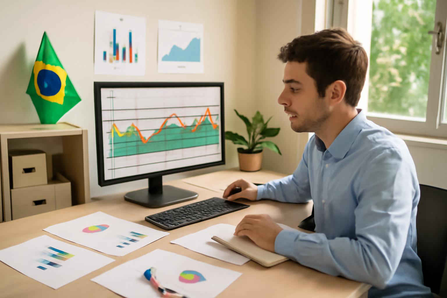 Administrador analisando gráfico de controle estatístico em escritório de microempresa