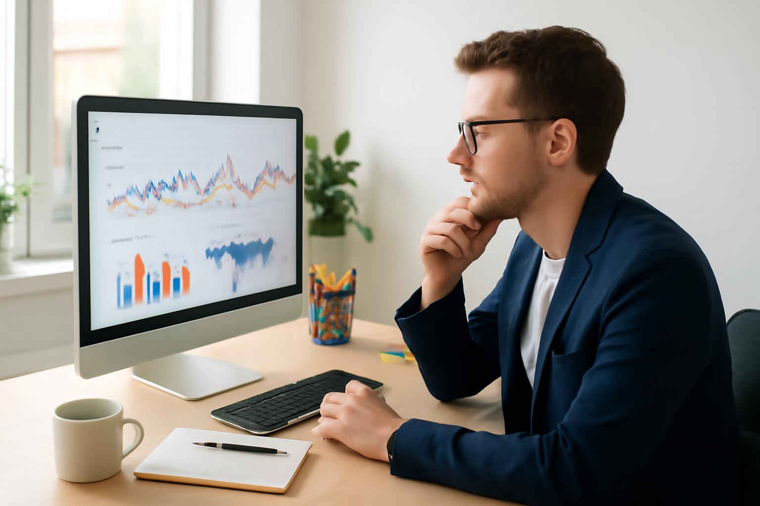 Empreendedor em escritório analisando dados do Google Trends em tela grande