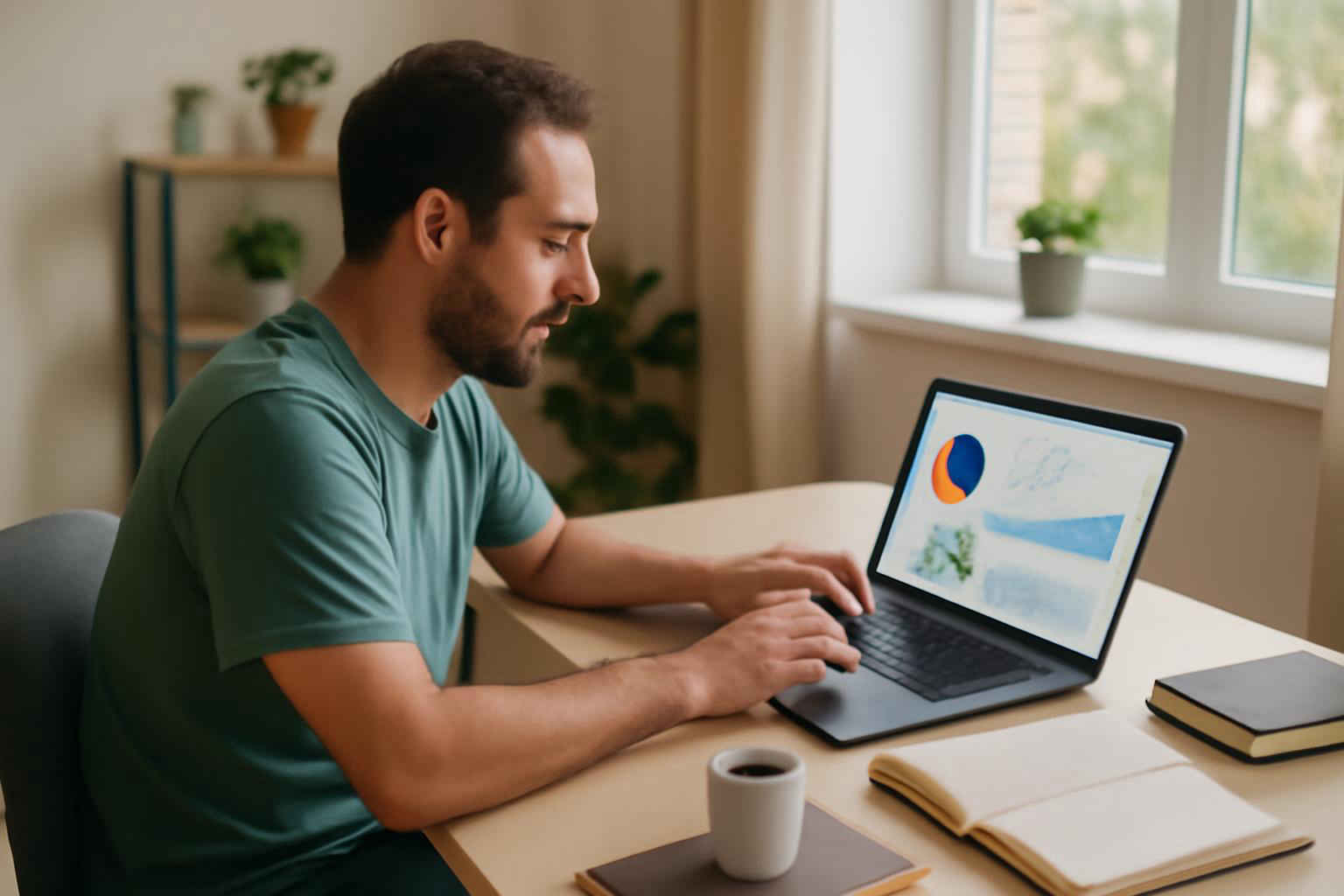 Empreendedor brasileiro utilizando CRM gratuito em laptop em home office