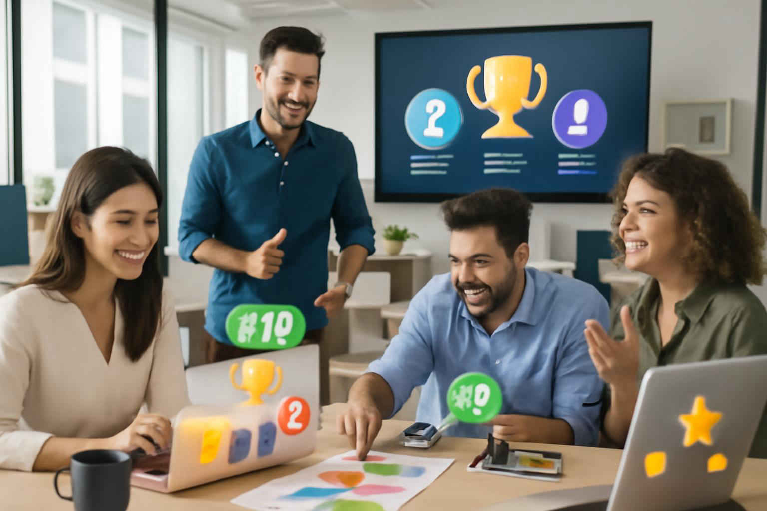 Equipe de profissionais participando de um treinamento administrativo gamificado em escritório moderno