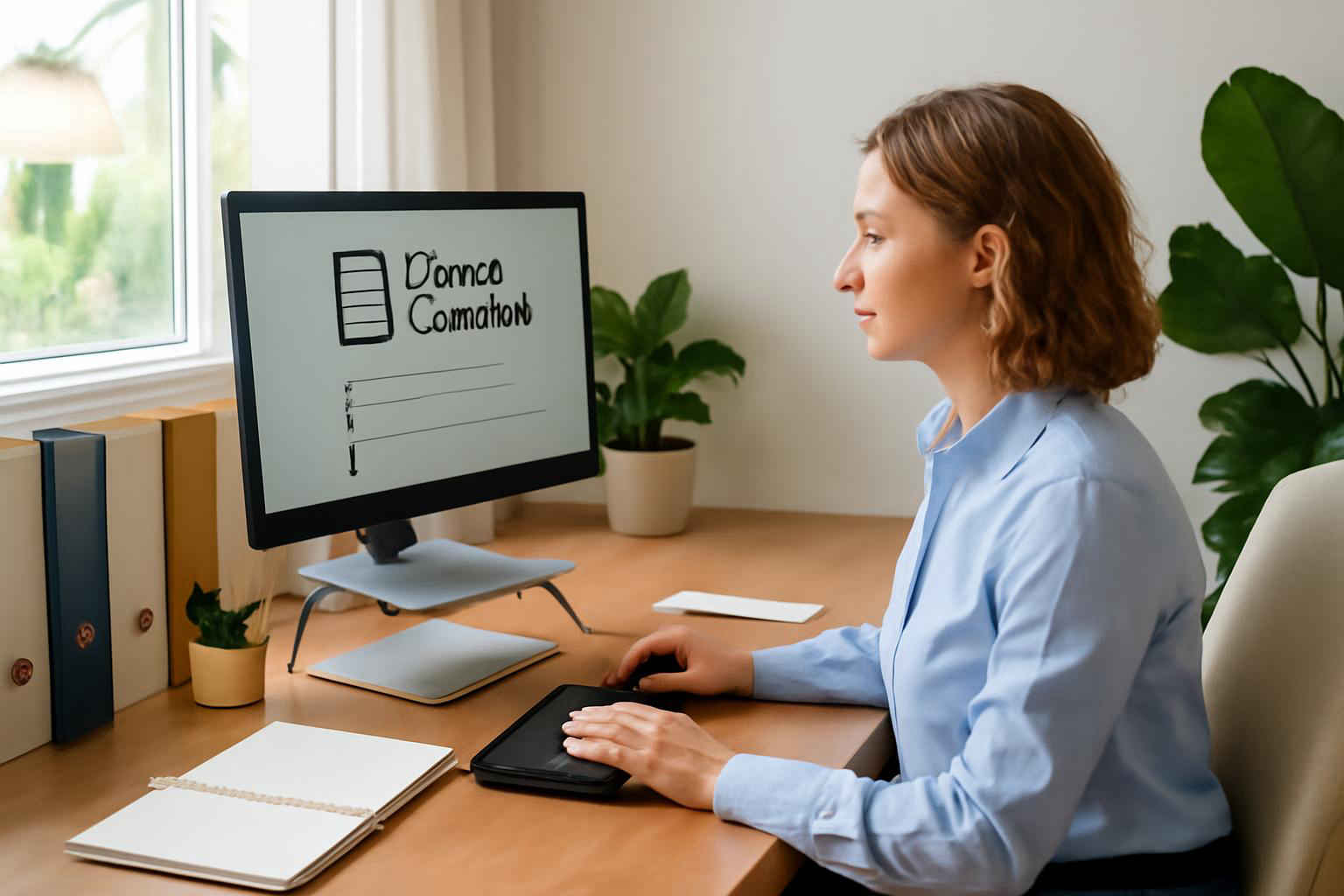 Profissional administrativo gerenciando contratos digitais em escritório moderno