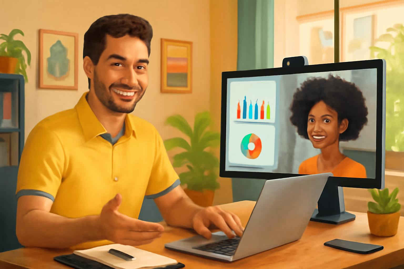 Empreendedor brasileiro em home office conduzindo onboarding digital para novo colaborador